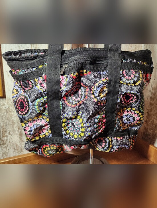 Aphorism Handbags - Aphorism Black Nylon Multi Color Tote Floral Medallions Side Pockets Zippers